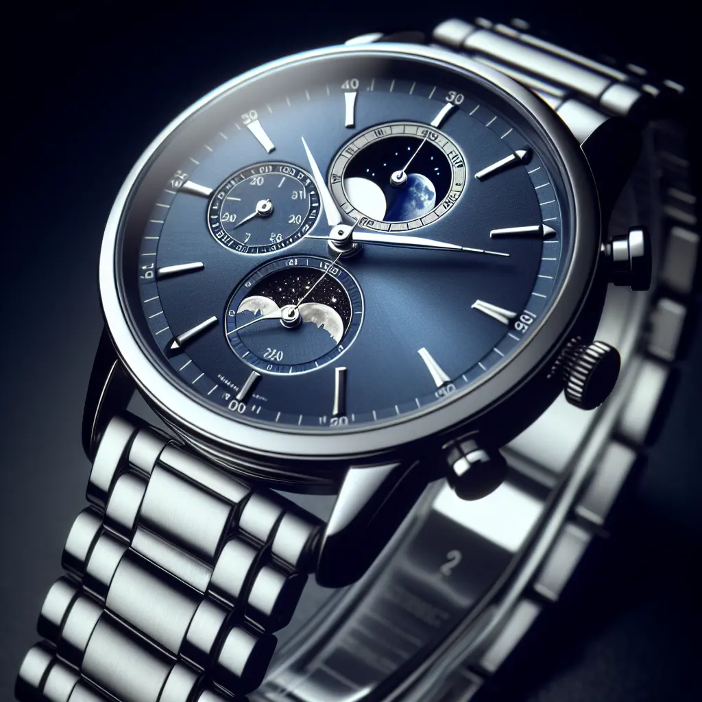 Representation of Timex Waterbury Moon Phase Watch with Stainless Steel Band Features Blue Dial and Moon Phase Display for $119